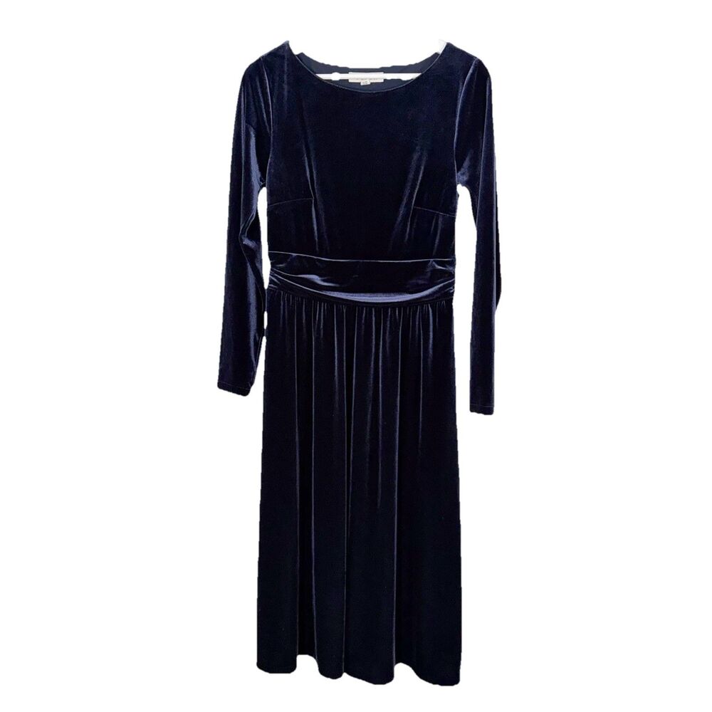 BODEN Lois Velvet Midi Dress Navy Blue US 4R UK 8R Long Sleeve Unlined Stretchy - Picture 3 of 11